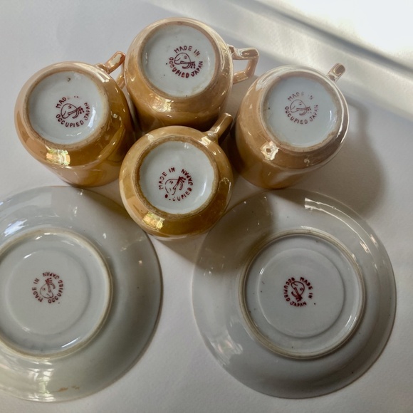Japanese Orange Porcelain Lustreware 4 Demitasse Cups & 2 Saucers, 1940's - Picture 11 of 13